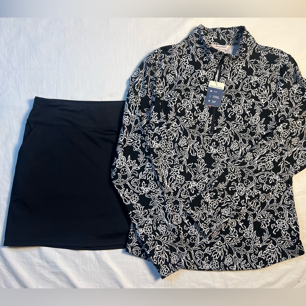 NWT Tommy Bahama Women's Large Active Set 1/4 Zip Floral Top & Black Skort